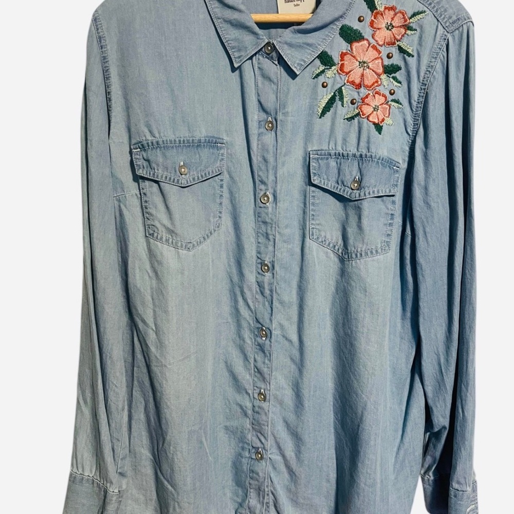 Haute Hippie Blue Button Down Shirt with Pink Floral Embroidery - Picture 2 of 2